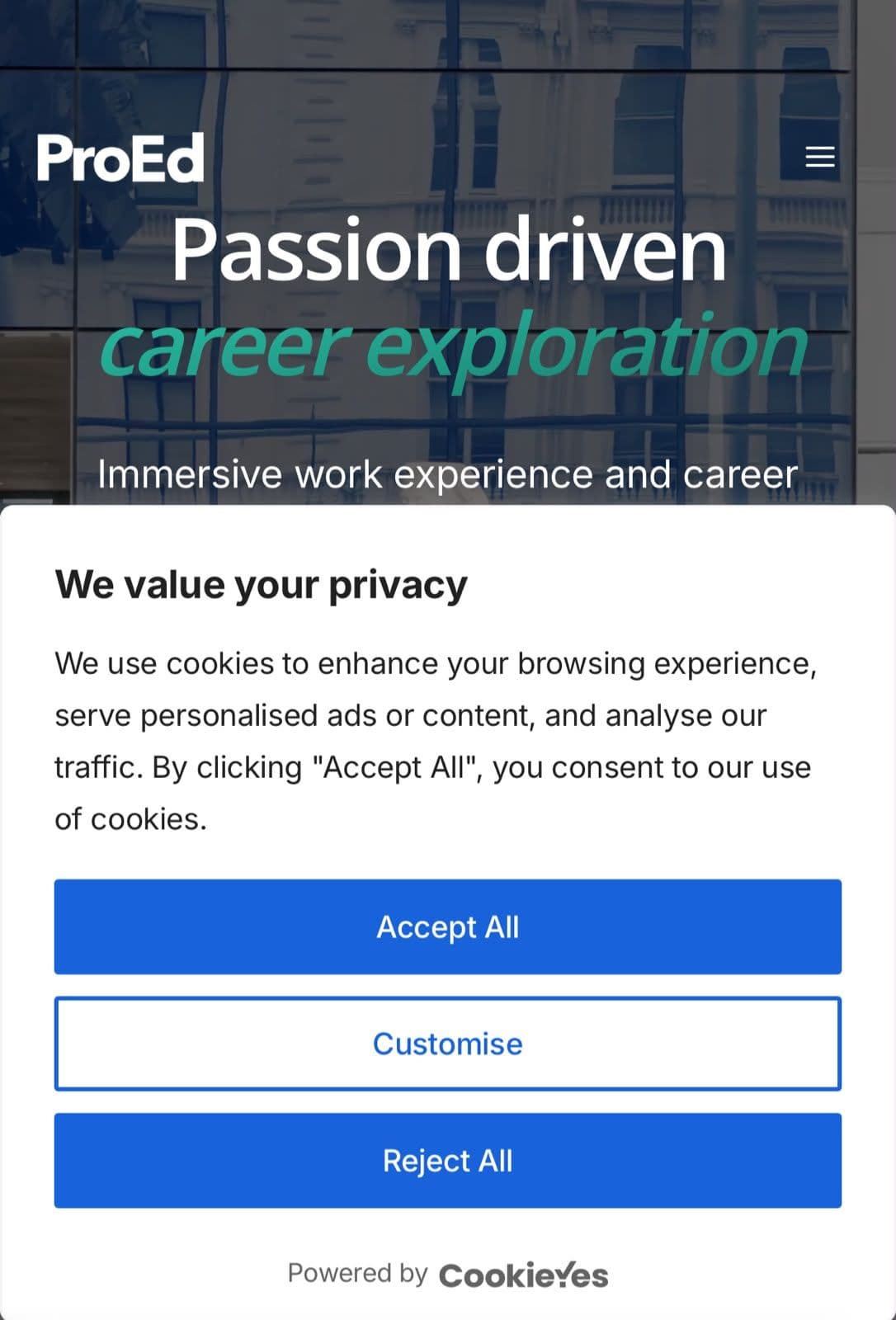 Cookie consent banner on the ProEd website with accept, reject and manage options