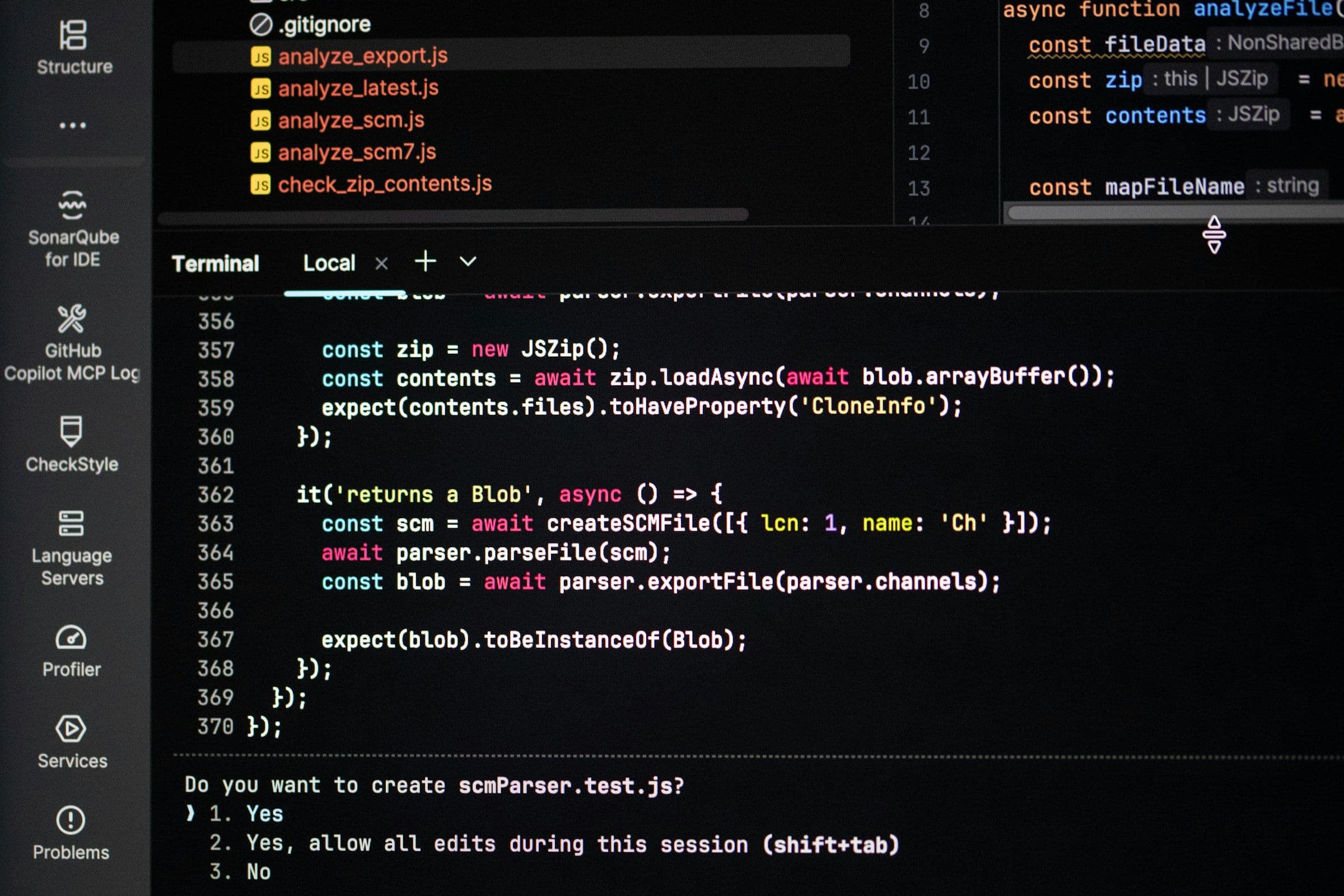An AI coding agent in a code editor asking whether to create a file, with the option to allow all edits for the session